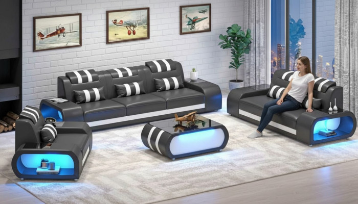 Couch set two-seater leather sofas armchair three-seater 3-piece black set