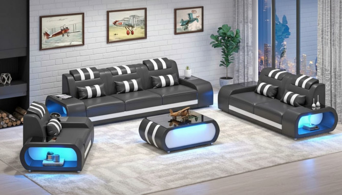 Couch set two-seater leather sofas armchair three-seater 3-piece black set