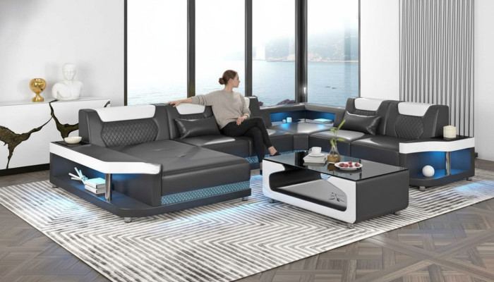 Large Sofa Living Landscape LED XXL U-Shape Corner Sofa Leather Sofa Black