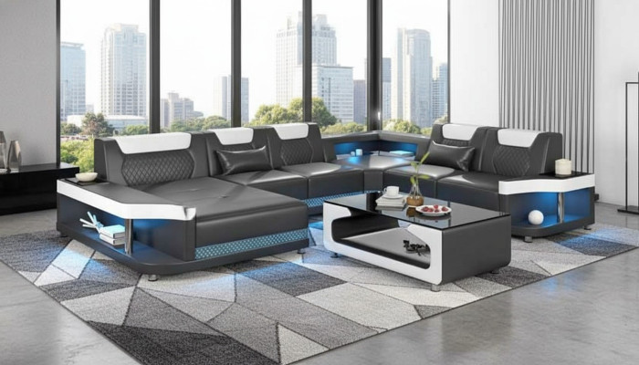 Large Sofa Living Landscape LED XXL U-Shape Corner Sofa Leather Sofa Black