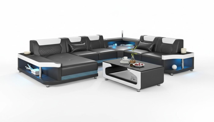 Large Sofa Living Landscape LED XXL U-Shape Corner Sofa Leather Sofa Black