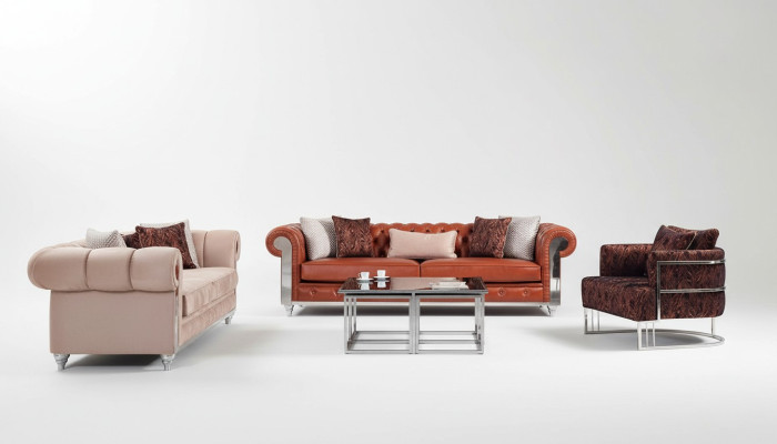 Chesterfield Sofa Set Three-Seater Brown Sofa Set Upholstered Sofa