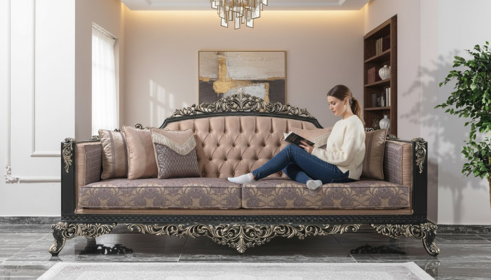 Three-seater sofa 3-seater upholstered sofa fabric sofa beige baroque couches