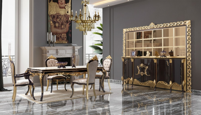 Luxury dining set dining room dining table chairs wood 10-piece brown sideboard