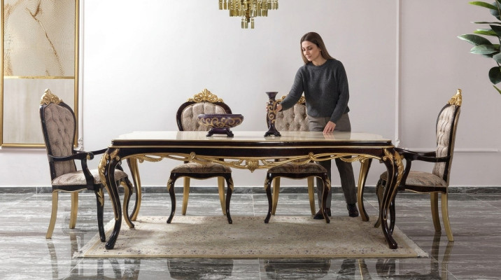Dining set, dining nook, dining room, dining table, chairs, wood, 9 pieces, brown, baroque
