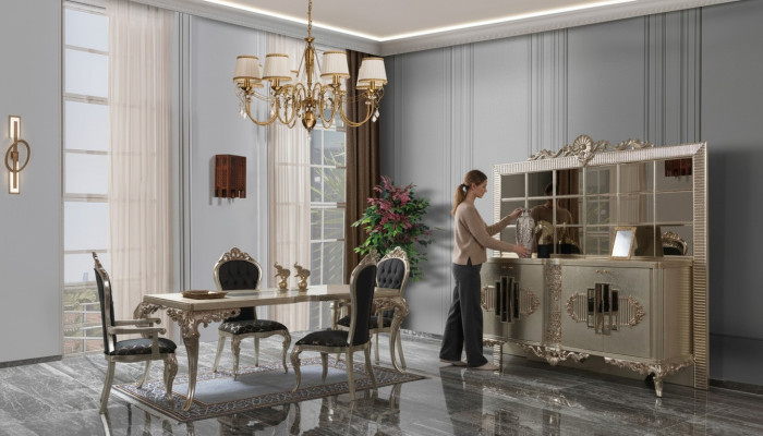 Luxury Dining Set Sideboard Dining Room Dining Table Chairs Wood 10-piece Beige