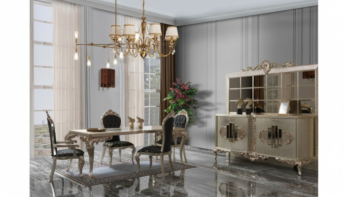 Luxury Dining Set Sideboard Dining Room Dining Table Chairs Wood 10-piece Beige