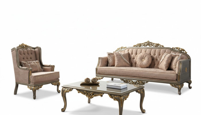 Chesterfield Sofa Set Three-Seater Armchair Fabric Coffee Table Beige New