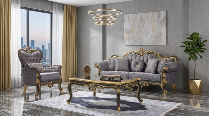 Chesterfield Sofa Set Upholstered Sofa Blue Three-Seater Chair Set