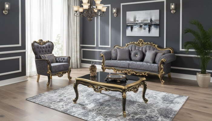 Chesterfield upholstered sofa set blue three-seater armchair set