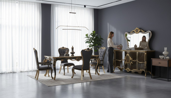 Dining room luxury dining set sideboard dining table chairs wood 10-piece brown