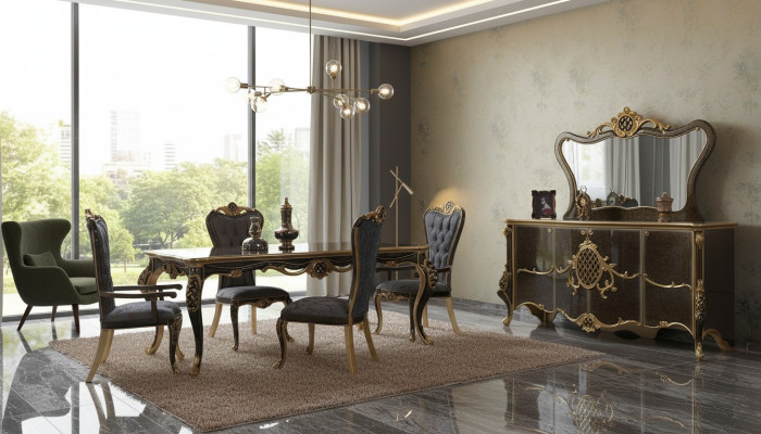 Dining room luxury dining set sideboard dining table chairs wood 10-piece brown