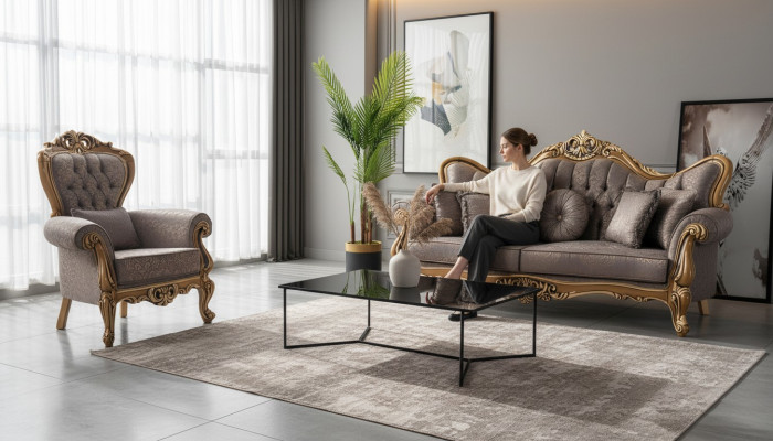 Chesterfield Upholstered Sofa Set Fabric Sofa Gray Set New