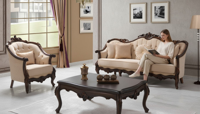 Upholstered sofa Sofa Sofa set Couch Fabric sofa Beige Chesterfield Set