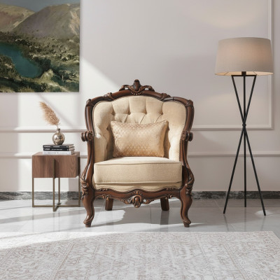 Armchair wing chair seat fabric beige polyester wood living room baroque