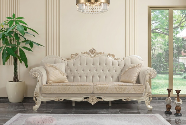 Three-seater sofa, 3-seat fabric sofa, upholstered sofa, beige fabric Chesterfield.