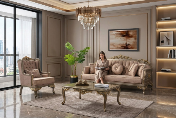 Luxury Complete Couch Set Sofa Set Fabric Sofa Beige Upholstered Sofa