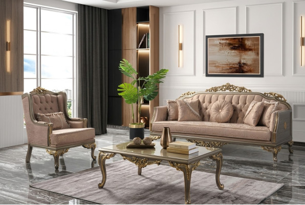 Luxury Complete Couch Set Sofa Set Fabric Sofa Beige Upholstered Sofa