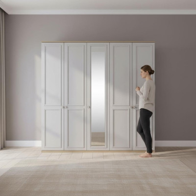 Wardrobe Bedroom Wardrobe Closet Gray Wood Mirror 5 Doors