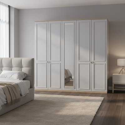 Wardrobe Bedroom Wardrobe Closet Gray Wood Mirror 5 Doors