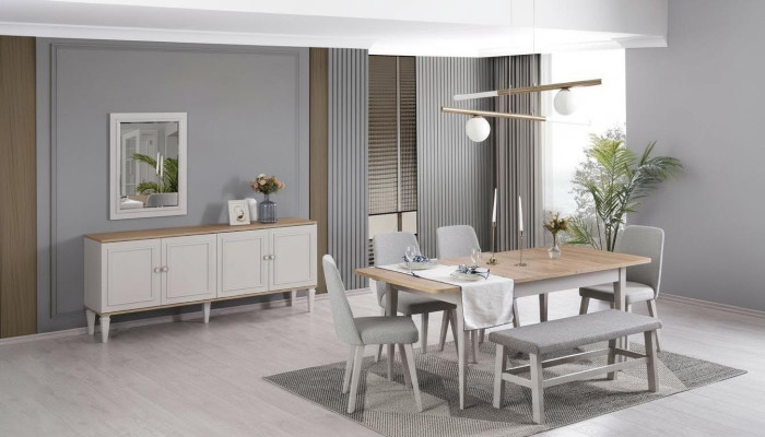 Dining set, dining room furniture, 8-piece set, dining room, dining table, chairs, wood, gray