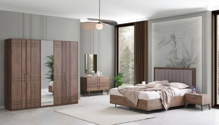 Complete bedroom furniture double bed wood 6-piece bedroom brown