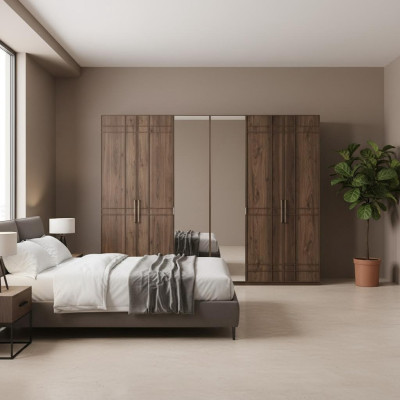 Wardrobe Bedroom Closet Brown Wood Mirror 6 Doors