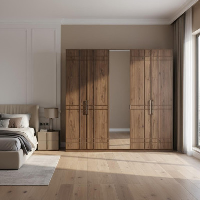 Wardrobe Closet Bedroom Wardrobe Brown Wood Mirror 5 Doors