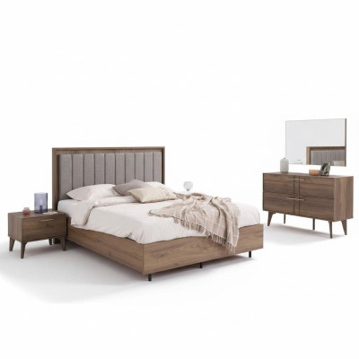 Complete double bed wooden set, 5-piece bedroom, brown, modern bed