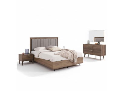 Complete double bed wooden set, 5-piece bedroom, brown, modern bed