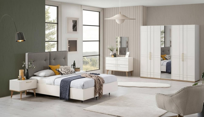Group Double Bed Complete Bed Bedroom Furniture Wood 6-Piece Set White