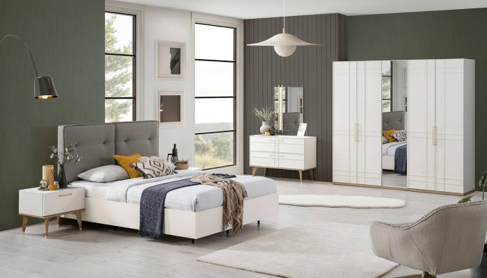 Group Double Bed Complete Bed Bedroom Furniture Wood 6-Piece Set White