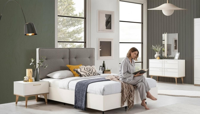 Bedroom set double bed complete bed white fabric 3-piece modern