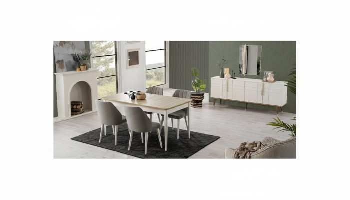 Dining set, dining room furniture set 9-piece, dining room, dining table, chairs, wood, white
