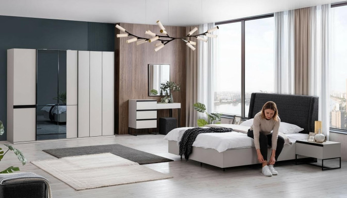 Bedroom suite double bed bed nightstands wood set 7-piece white