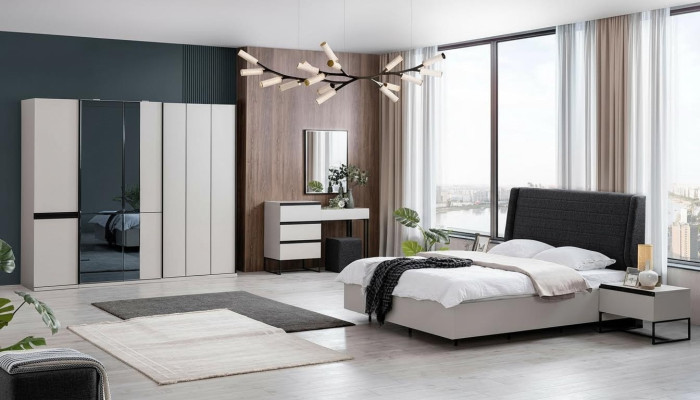 Bedroom suite double bed bed nightstands wood set 7-piece white