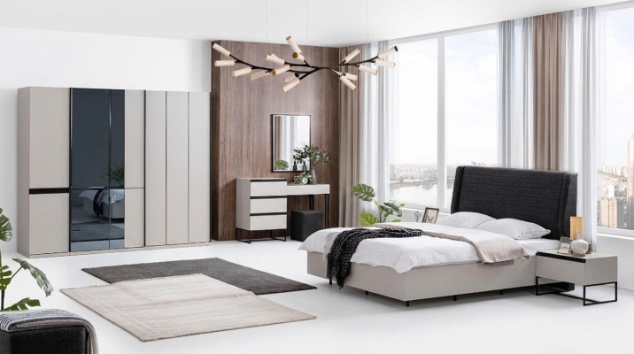 Bedroom suite double bed bed nightstands wood set 7-piece white