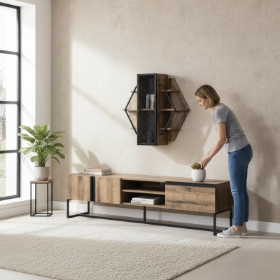 Group TV stand cabinet RTV lowboard living room shelves brown wood