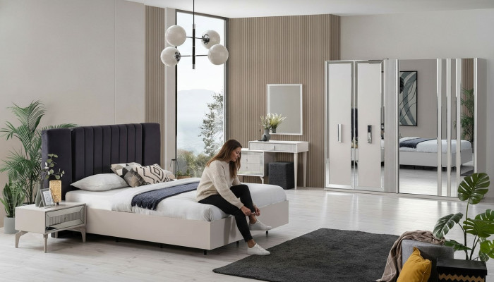 Large bedroom set double bed bed wood set 7-piece white modern