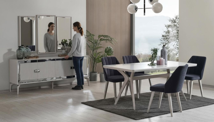 Dining Room Luxury Dining Set Suite Dining Table Set 9 pieces Gray Wood Table