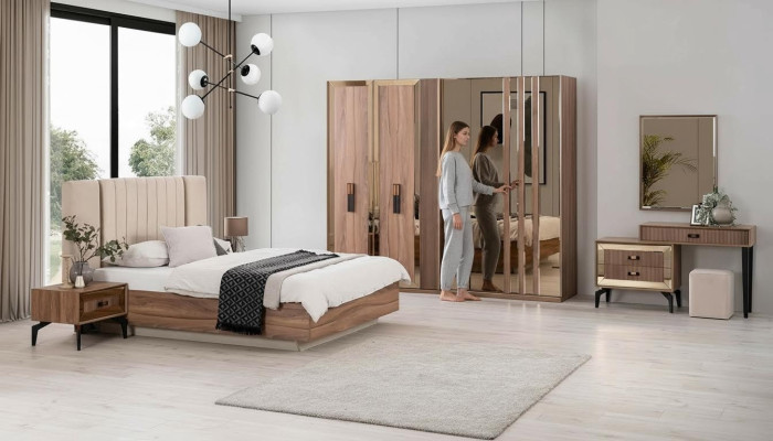 Luxury Double Bed Bedroom Suite Bed Wood Set 7-piece Brown Modern