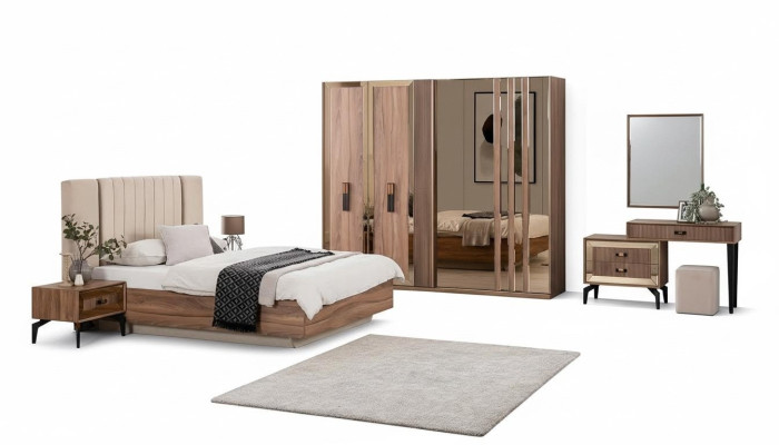 Luxury Double Bed Bedroom Suite Bed Wood Set 7-piece Brown Modern