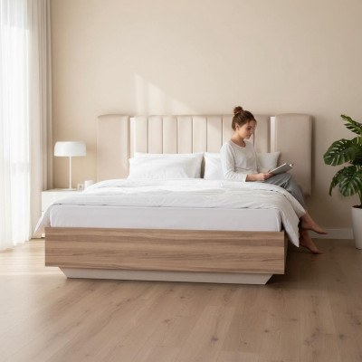 Bed frame bed double bed with storage box beige fabric luxury modern