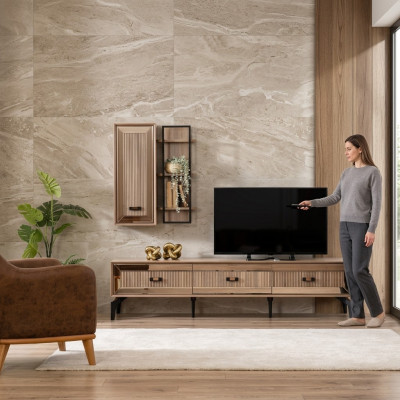TV unit stand cabinet RTV lowboard living room shelves gold wood
