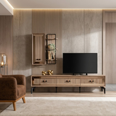 TV unit stand cabinet RTV lowboard living room shelves gold wood