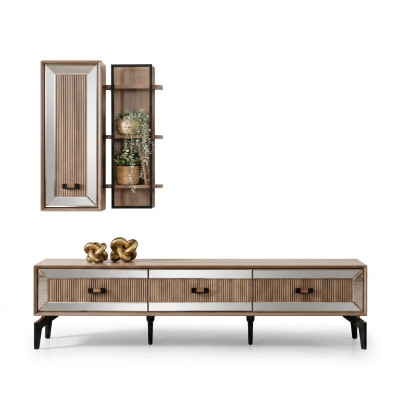 TV unit stand cabinet RTV lowboard living room shelves gold wood