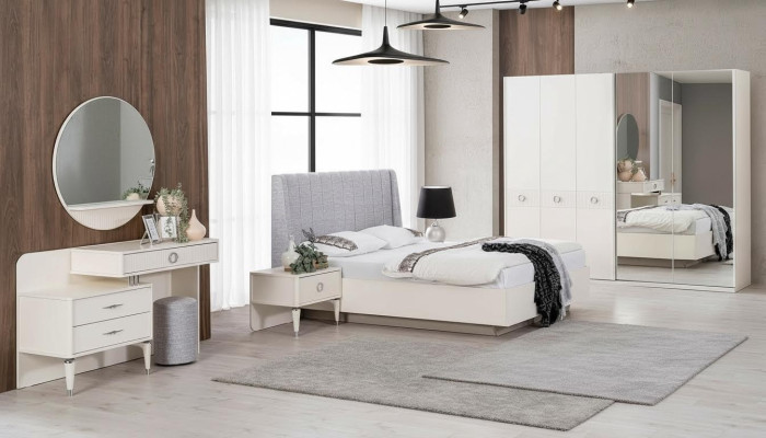 Twin bed frame upholstered fabric bedroom white wood set 7-piece