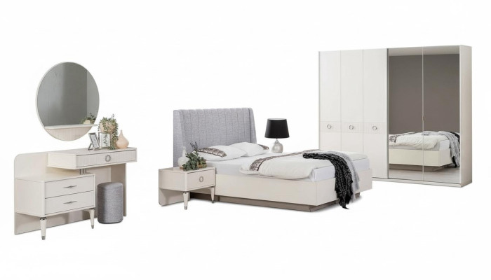 Twin bed frame upholstered fabric bedroom white wood set 7-piece