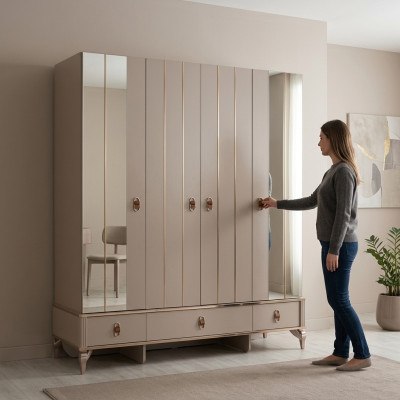 Wardrobe children's cabinet wooden cabinet closet wood beige mirror