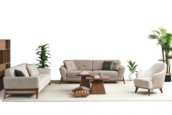 Couch set three-seater armchair sofa fabric beige fabric sofa set 4-piece 3+3+1+1
